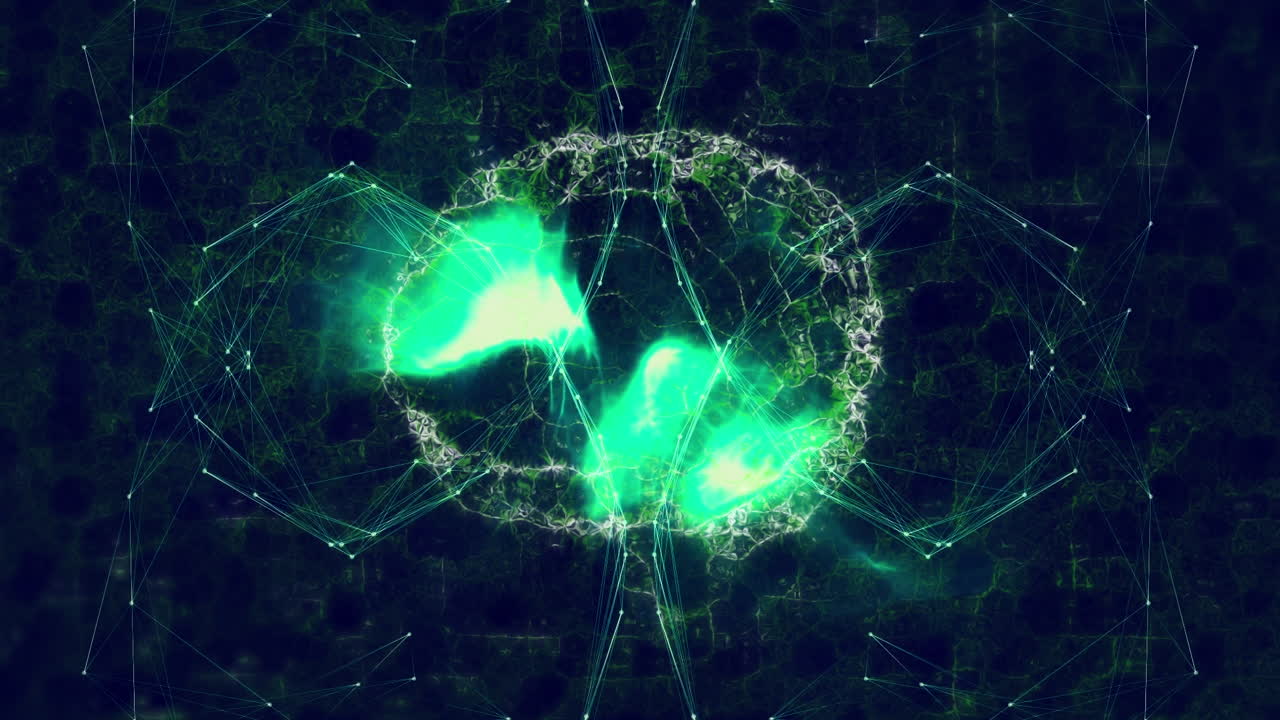 Animation of digital brain and network of connections on black background