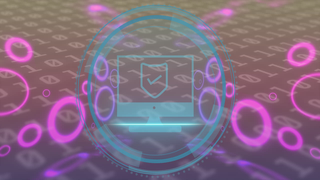 animación del procesamiento de datos y el icono de la computadora sobre un fondo negro