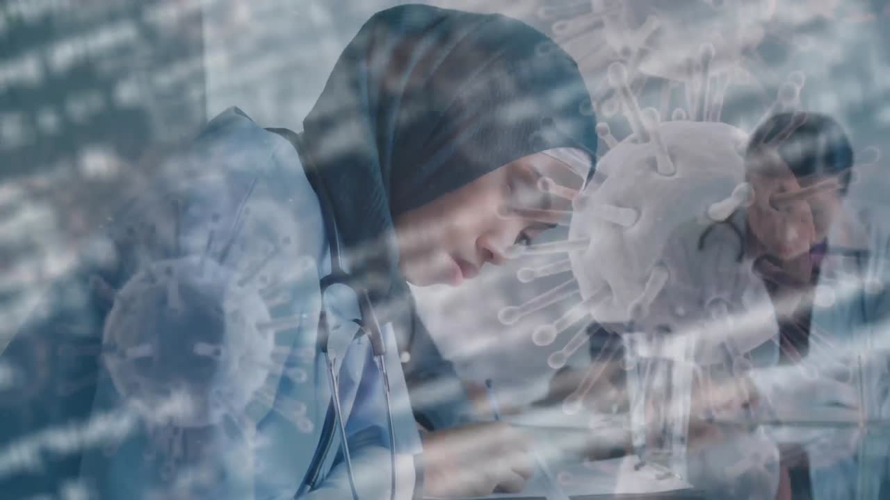 코로나19 세포가 병원에서 일하는 의사들을 공격하고 있습니다.