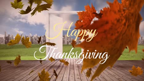 Animation-of-happy-thanksgiving-text-banner-and-autumn-leaves-falling-against-door-and-cityscape