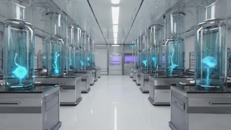 futuristic laboratory with glowing bio-structures in glass tubes
