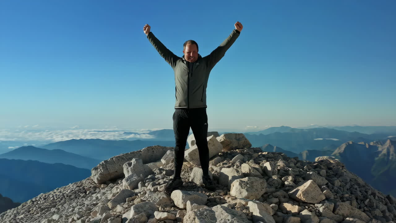 Man celebrating success on a mountain peak