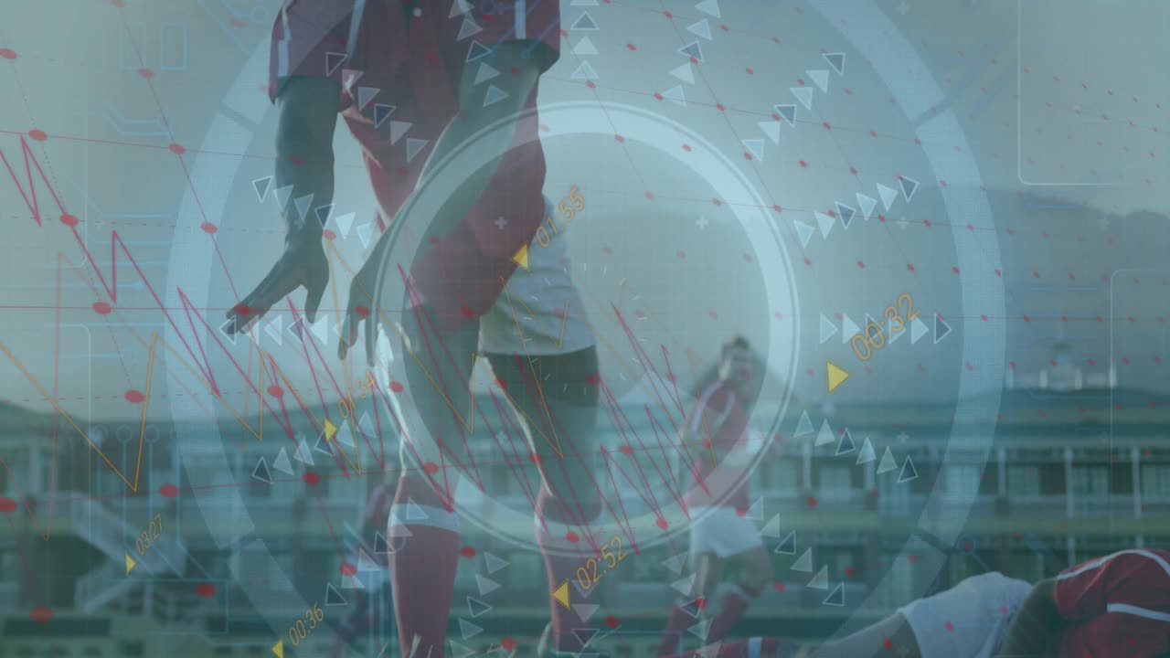 경기장에서 다양한 럭비 선수에 대한 데이터 처리 및 스 스캔의 애니메이션