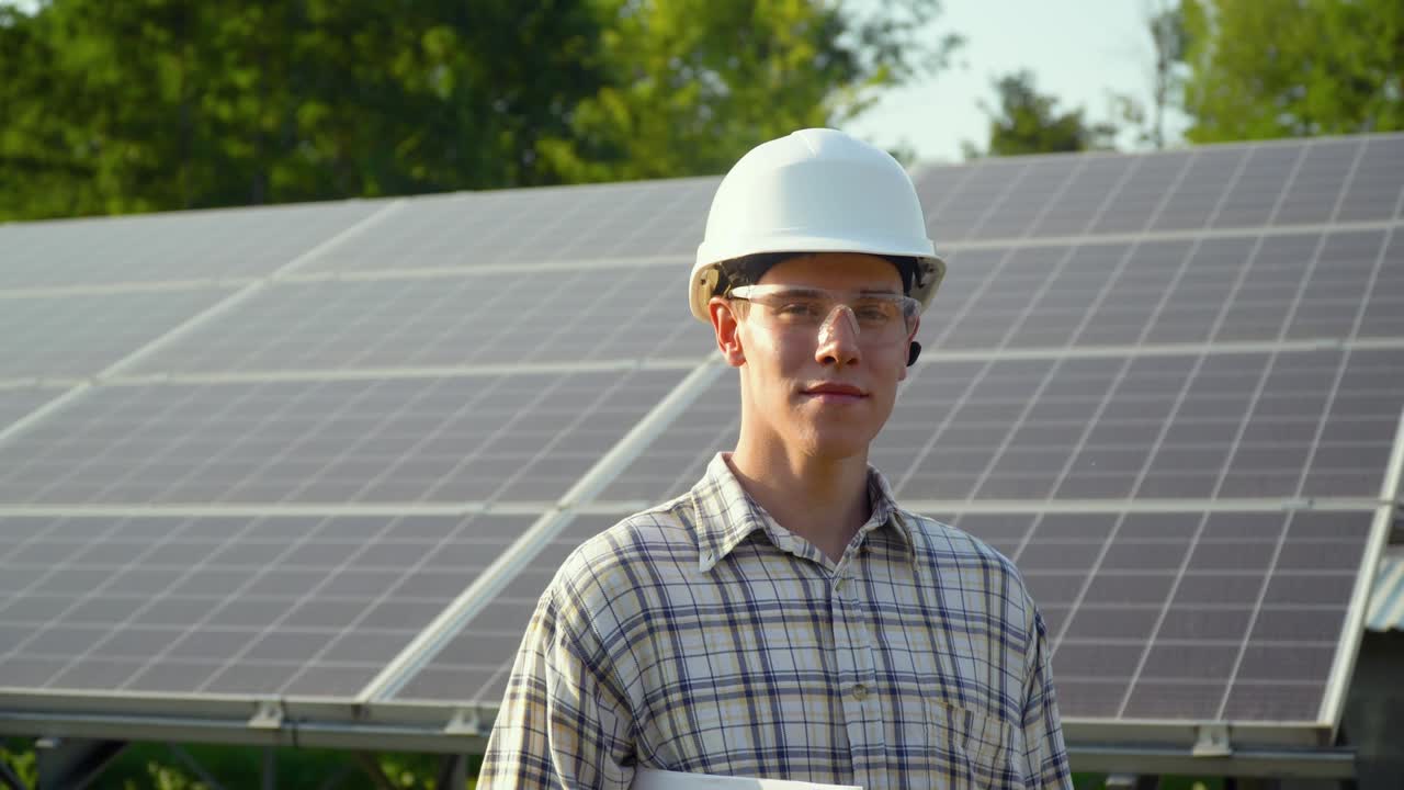 Engineer checks solar panels productivity. Alternative energy concept