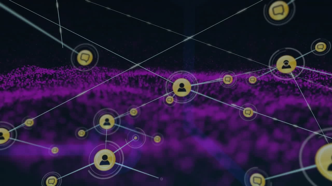 animación de la red de conexiones con iconos sobre puntos de luz sobre fondo negro