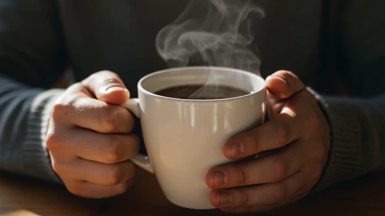 Hands holding a steaming mug of hot drink