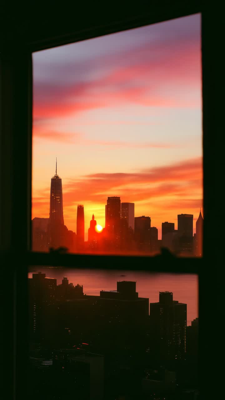 Un cautivador paisaje urbano al atardecer a través de una ventana, filmado desde un ángulo bajo.