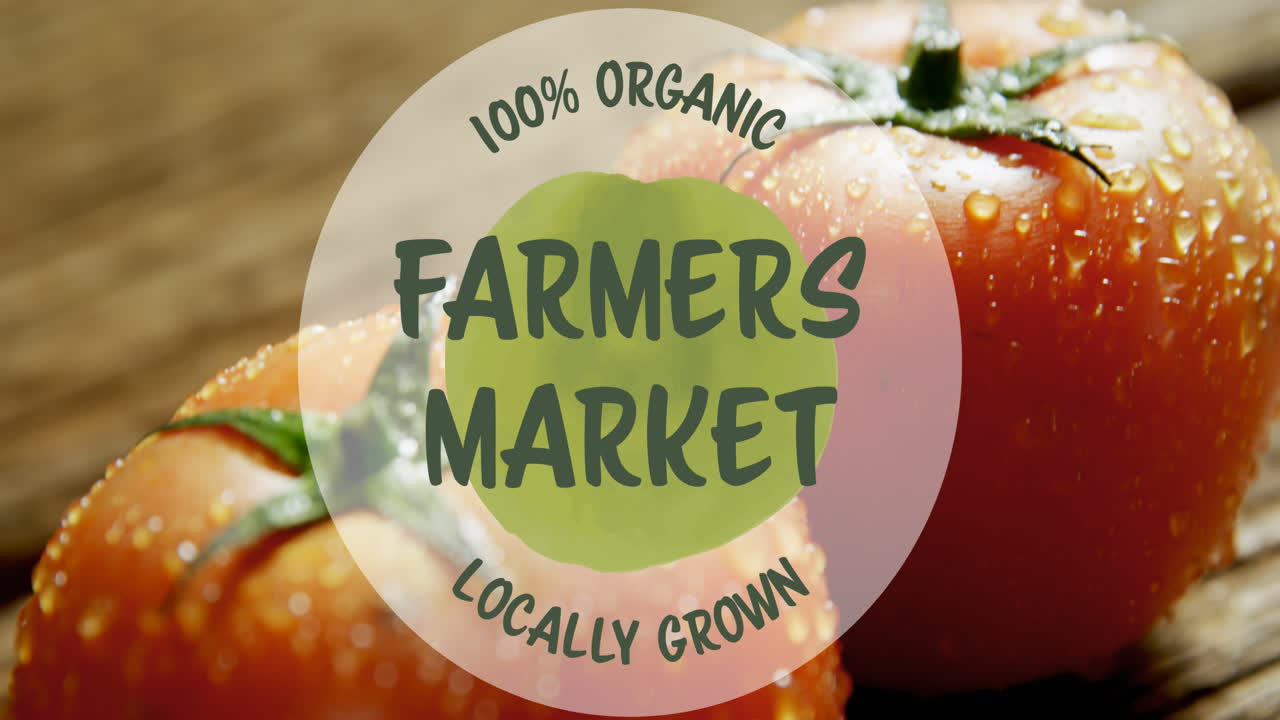 신선한 토마토에 대한 농부 시장 텍스트의 애니메이션