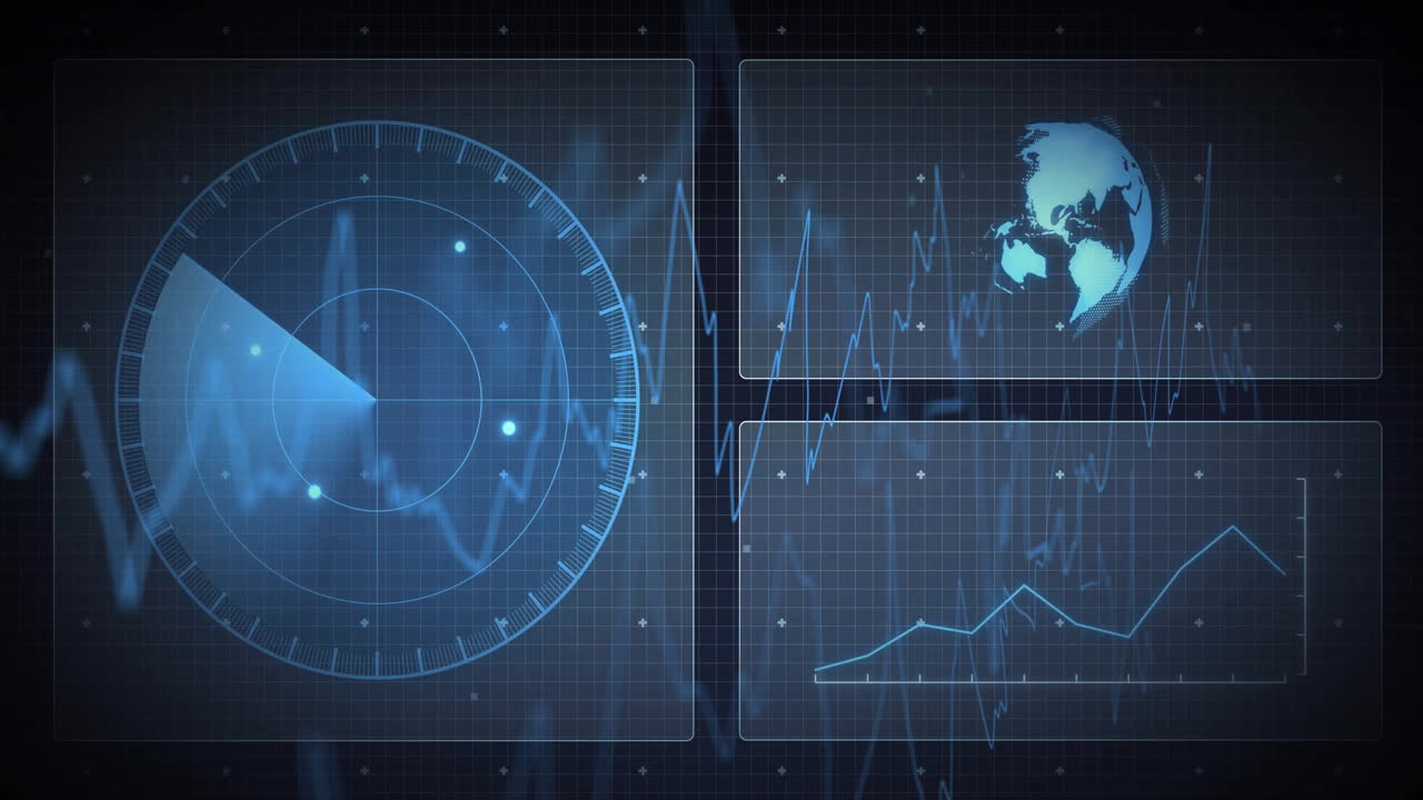 Animation of radar screen displaying global data charts in school setting