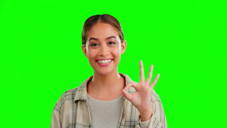 Woman,-ok-hand-sign-and-green-screen-with-face