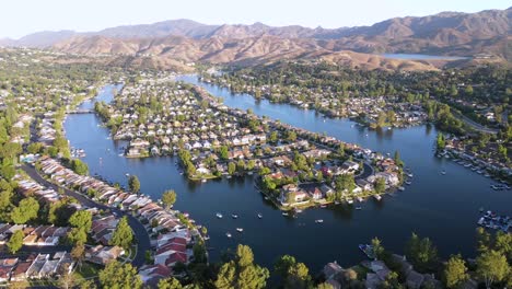 aerial over homes lakes in the wealthy los angeles suburb neighborhood of westlake village california