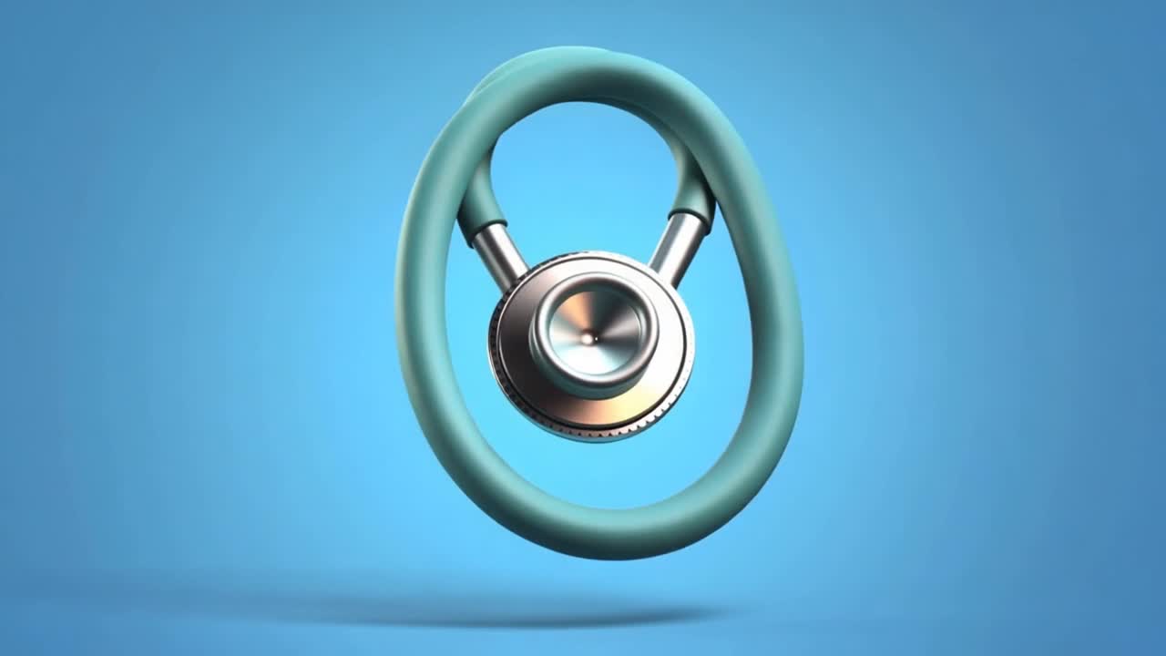 Stetoscopio 3D animato che forma un cerchio su sfondo blu