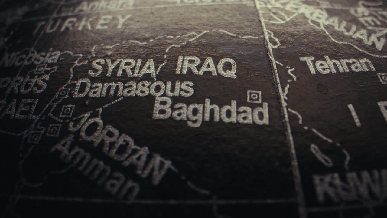 Close-up of a world map focusing on the Middle East