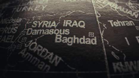 close-up of a world map focusing on the middle east