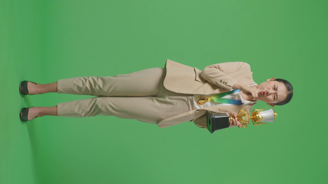 금메달과 트로피를 입은 아시안 사업가 여성의 몸이 가득 차 있습니다.