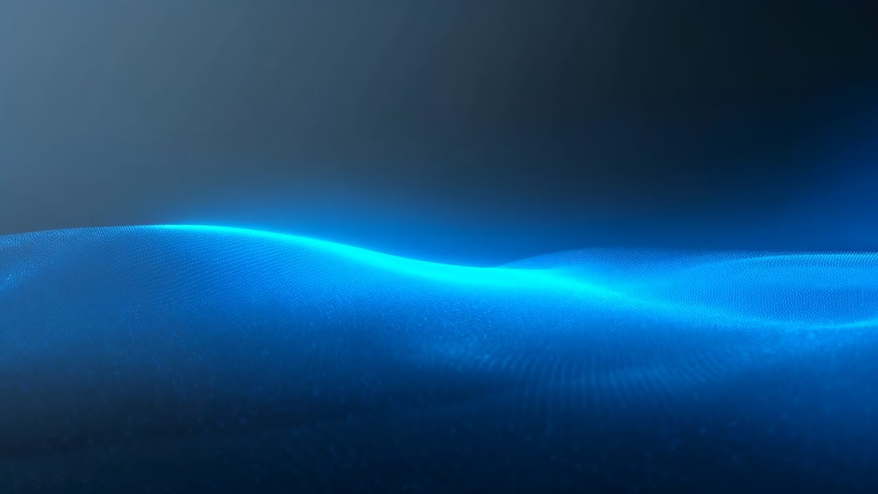 Playback starting causing blue waveform rising and falling in dark gradient space with particles