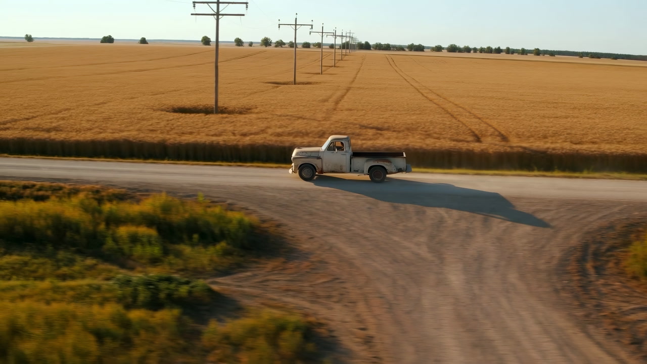 Sunlit Wheat Field Road With Pickup, Dust Trail Along Dirt Lane, Telegraph Poles Receding Into Horizon,