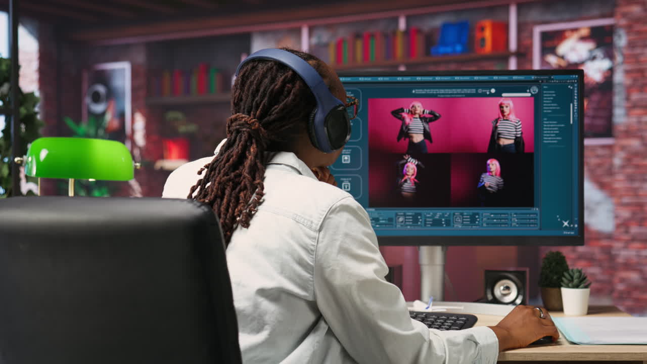 mujer en la oficina de casa usando software de ia convirtiendo el mensaje de texto en fotos