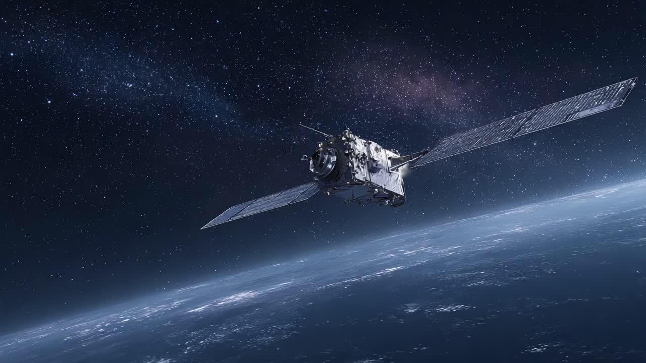 A High-Resolution View of an Orbiting Satellite Against the Backdrop of Stars, Showcasing the Advanced Technology and Structure of Spacecraft in Earth's Atmosphere