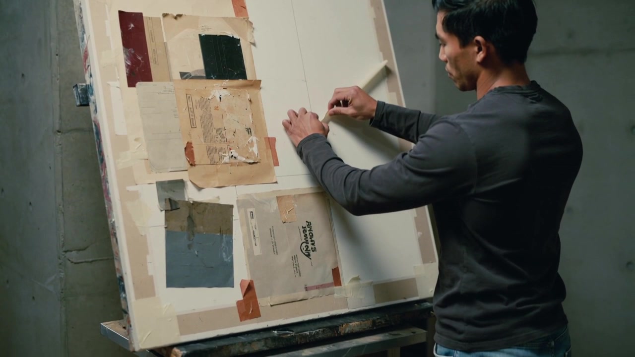 Notando la griglia, un artista in maglietta scura posiziona una striscia di nastro fissando una curva su un pannello del seminterrato, con spazio per il testo.