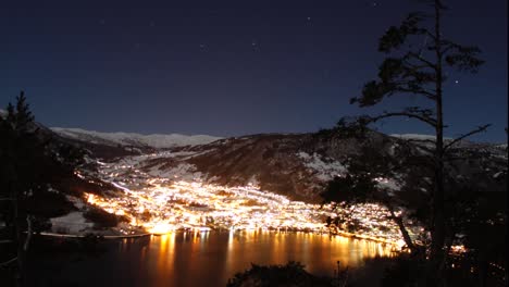 nighttime winter time-lapse of sogndal, norway.