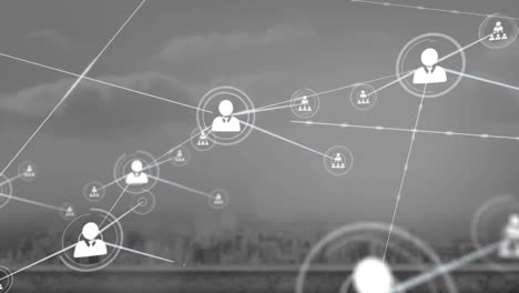Animation-of-network-of-profile-icons-against-aerial-view-of-cityscape