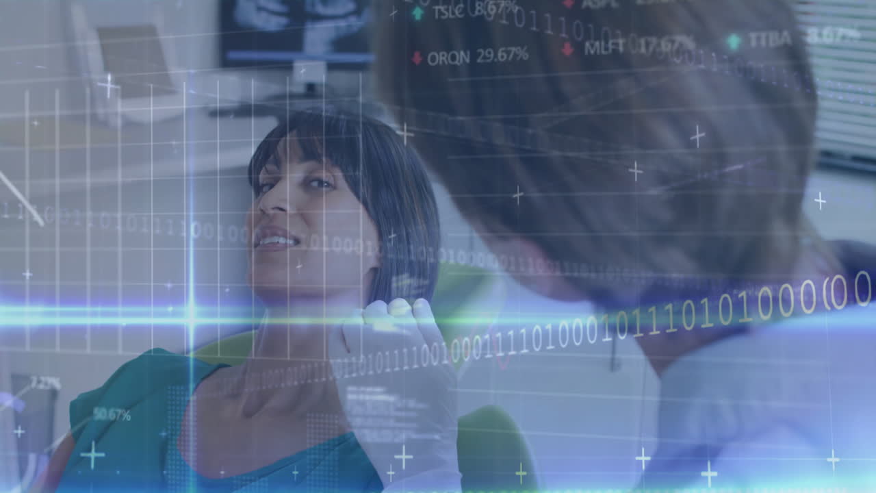 Dentist examining patient in dental clinic showing digital overlay with binary code and grid lines