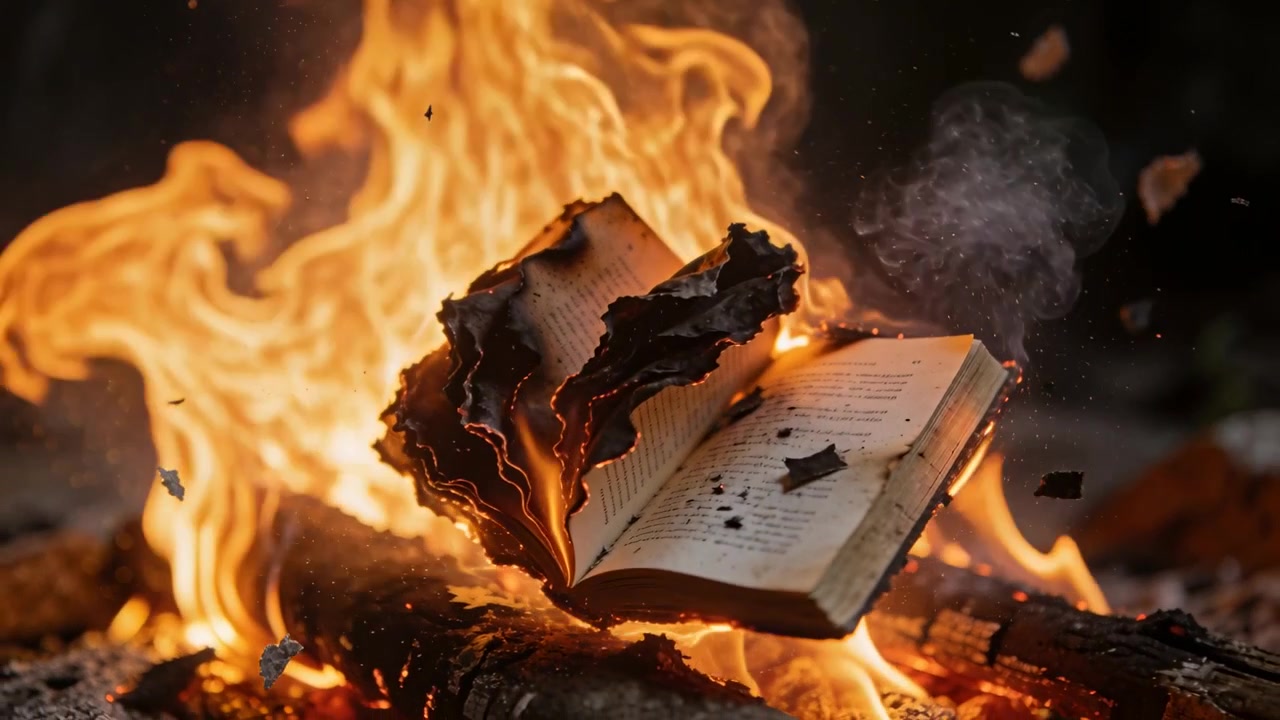 Flammen entzünden gebundenes Buch, Seiten kräuseln sich, schwärzen sich und werfen Asche ab über brennenden Holzscheiten bei Nacht