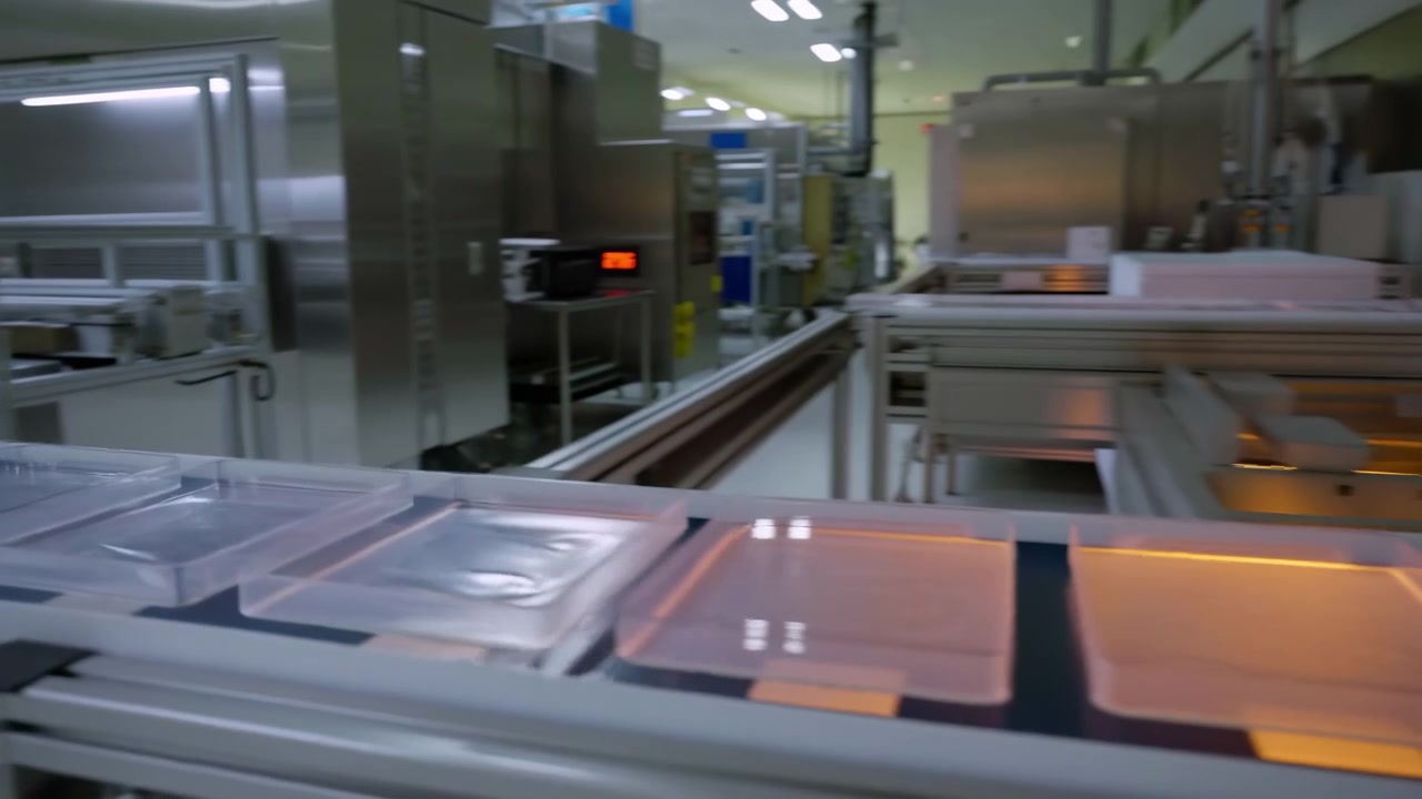 Bright cleanroom interior shows long conveyor carrying clear plastic trays past stainless machinery, dark monitor station, and small display, with soft overhead light, slight blur, and orderly