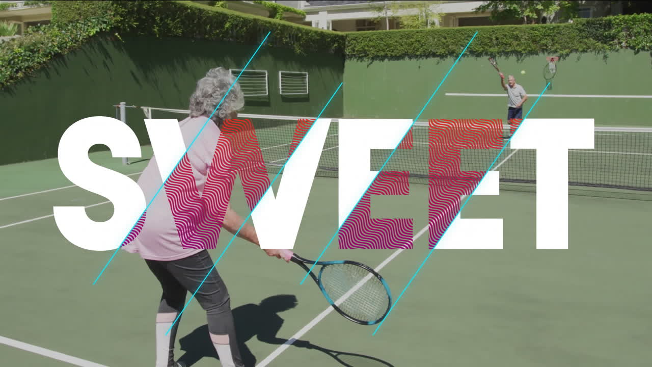 Senior couple playing tennis on outdoor court, showcasing sports-themed SWEET graphic overlay