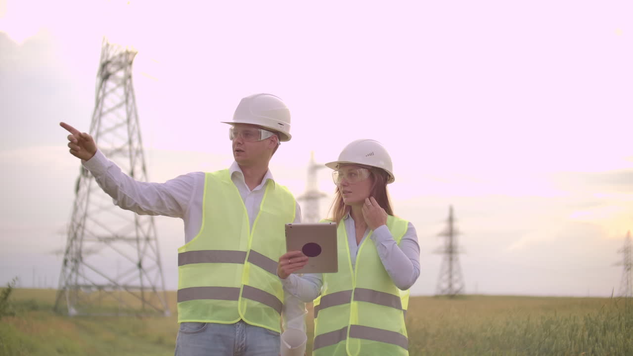 A group of engineers at a high-voltage power plant with a tablet and drawings walk and discuss a plan for the supply of electricity to the city. Transportation of renewable clean energy.