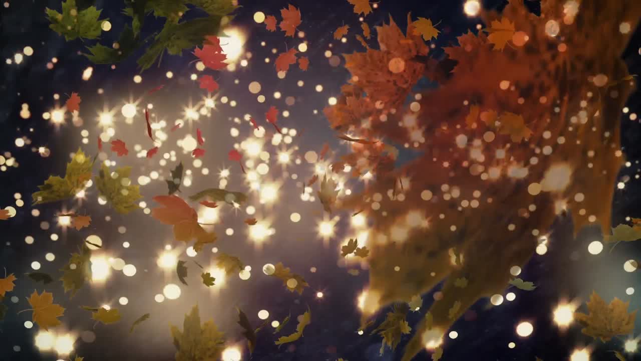 Feuilles d'automne tombant devant des points lumineux se déplaçant sur un fond noir.