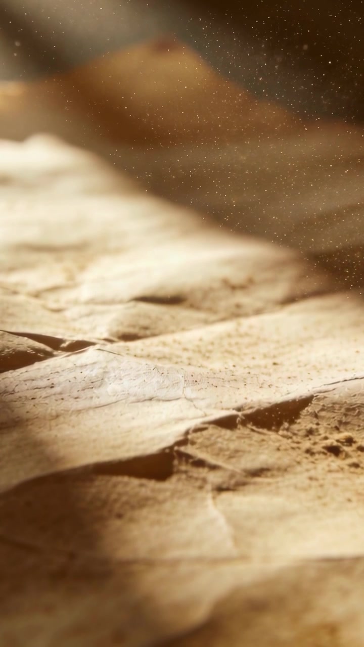 Vertical video: Shining warm beam showing aged paper texture and drifting dust motes on tabletop