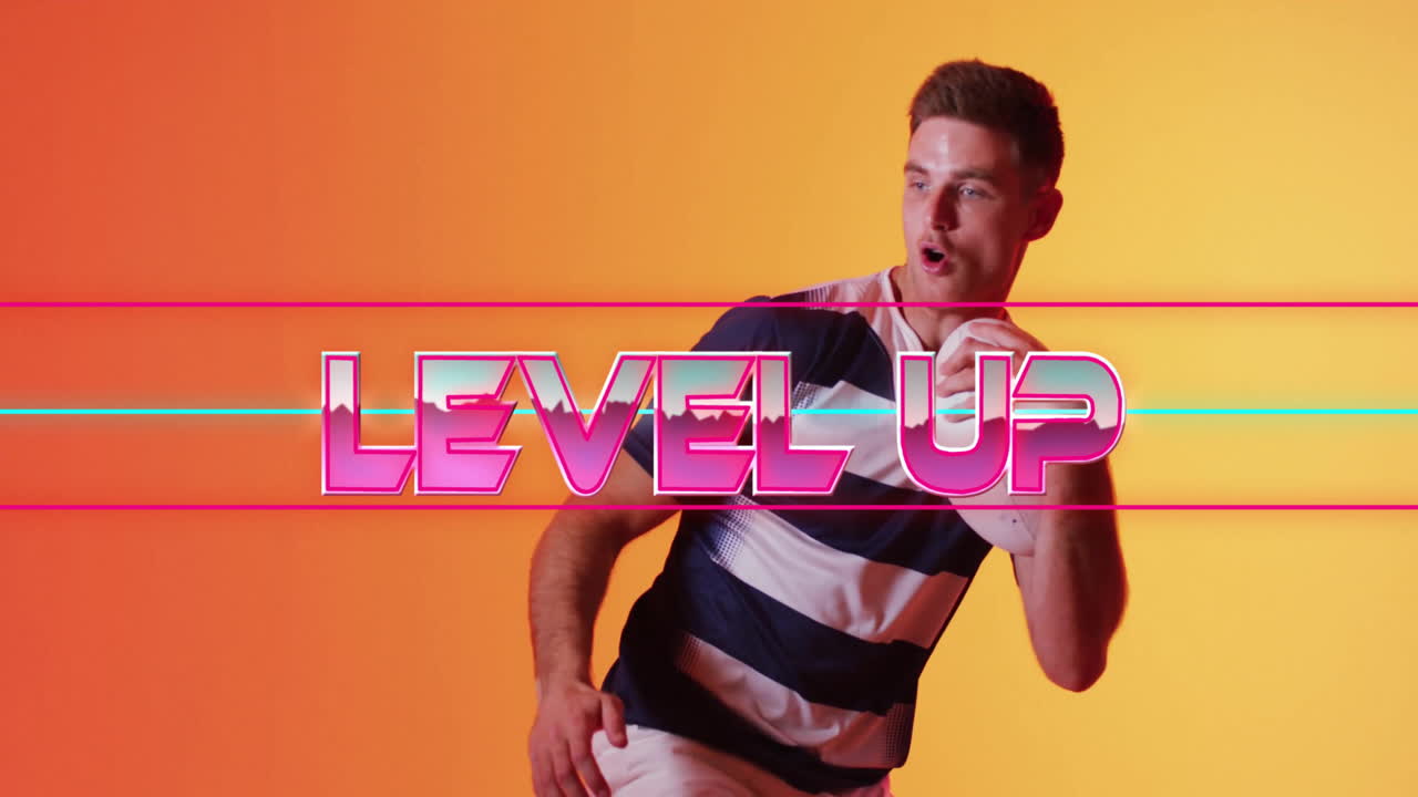 animación de texto de nivel superior sobre patrón de neón jugador de rugby caucásico