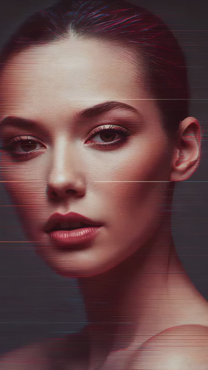 Vertical video: Faint bands initiating glitch shifting across model face in studio with scanlines