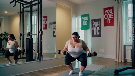 plus-size woman working out with dumbbells in a gym