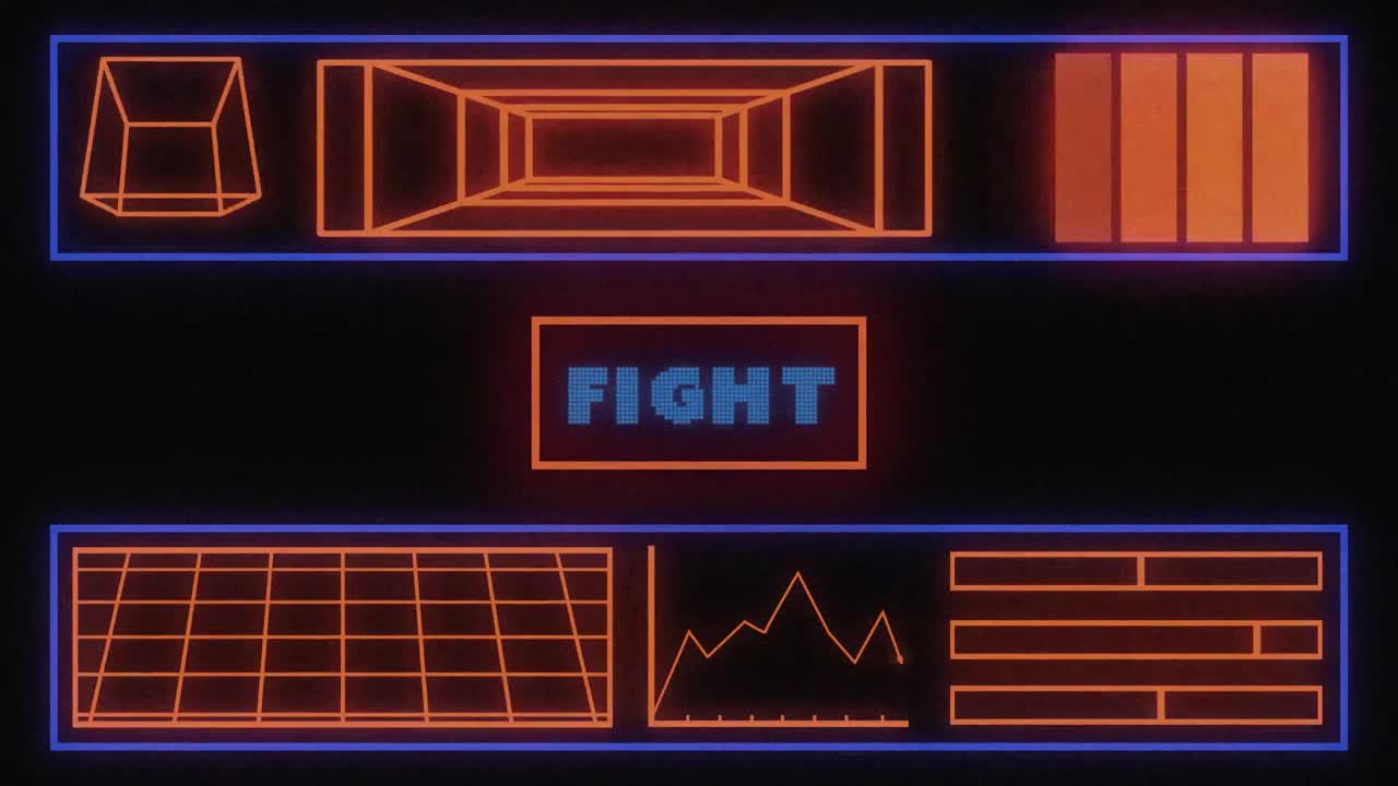 애니메이션 빈티지 비디오 게임 화면에 단어 싸움이 적혀 있습니다.