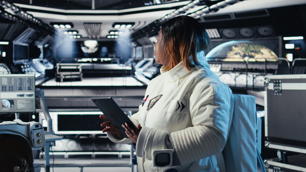 Astronaut using tablet to check space station analytics after completing mission