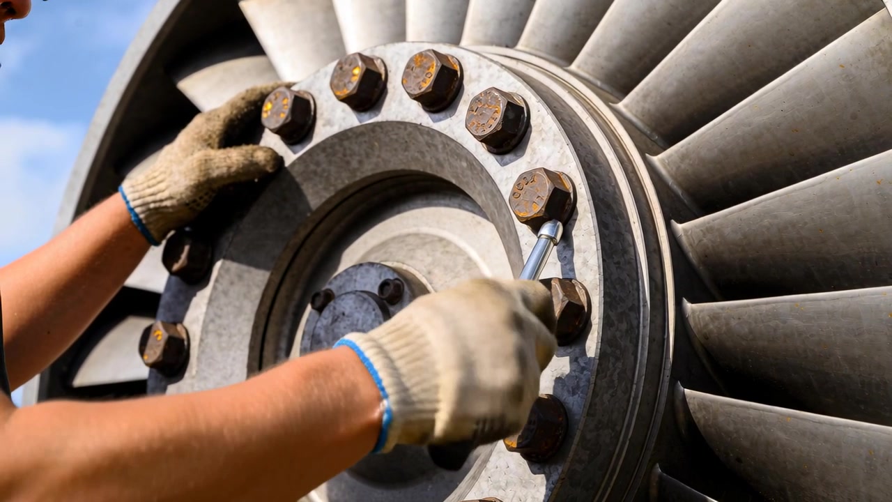 Un technicien, portant des gants tricotés, utilise une clé à cliquet pour serrer les boulons de la bride sur le moyeu du moteur, dans le cadre d'une inspection.