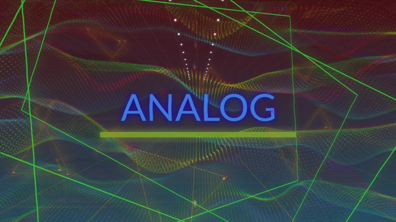 Unfolding on 3D stage showing cube, waveforms shifting, dots rising and bar sliding, ANALOG fading