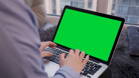 vista trasera de una mujer joven trabajando en una computadora portátil con una tecla de croma de pantalla verde mientras está sentada cerca de una ventana en una habitación brillante. trabajo remoto, comunicación en línea, aprendizaje a distancia. primer plano, cámara lenta