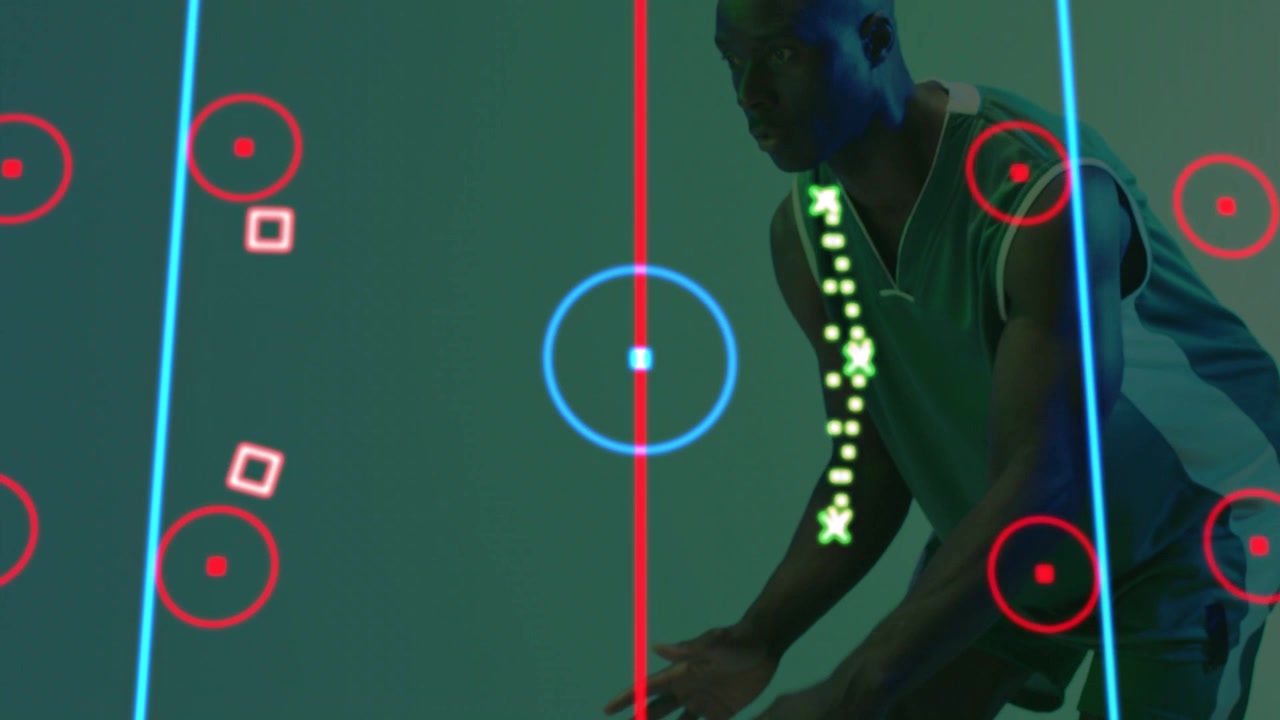Mandlig atlet dribler med højre hånd, initierer neon HUD, der justerer lemmer og bold til sportsanalyse