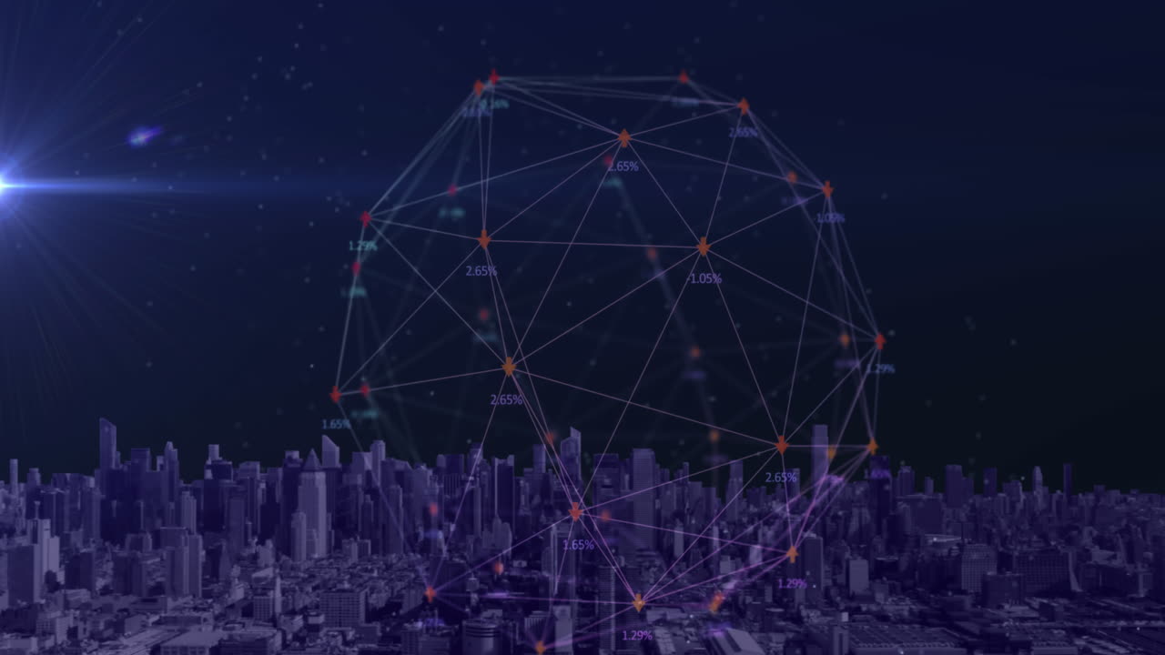 animación de la red de conexiones con iconos sobre el paisaje urbano