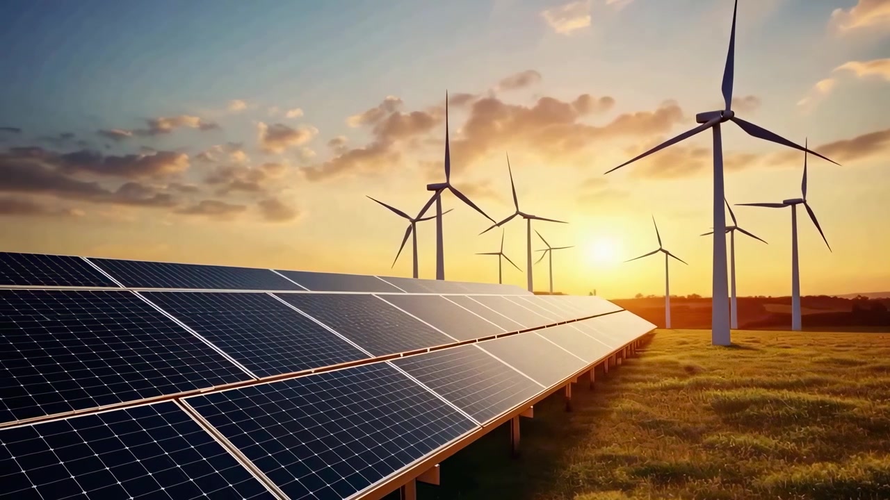 Painéis solares e turbinas eólicas num campo ao pôr-do-sol