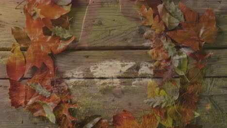 autumn leaves creating seasonal frame around rustic wooden planks in animation