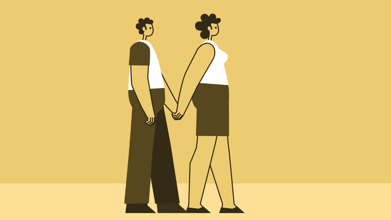 estilo amarillo mujer y hombre personajes planos caminan juntos tomados de la mano. animación de bucle aislado con canal alfa