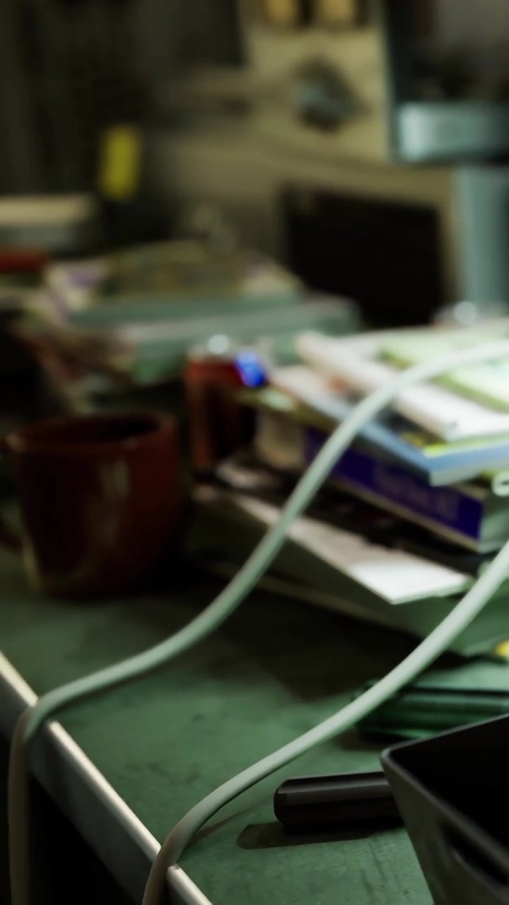 Books and tools on a table in a workshop with machine equipment visible