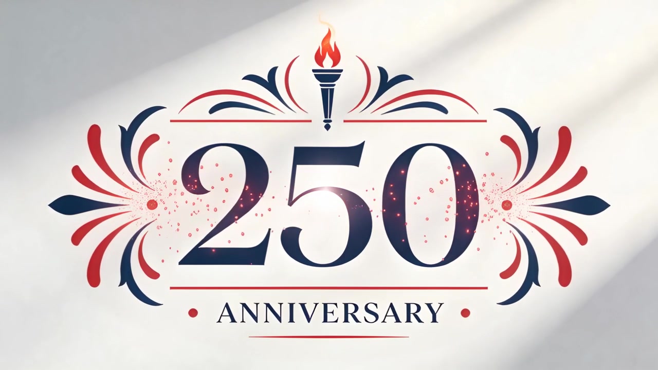 Emblema scintillante "250° ANNIVERSARIO" che celebra un traguardo, con una linea di particelle luminose che attraversa un pannello.