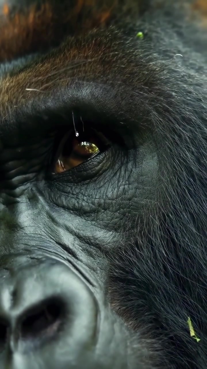 Primo piano intenso dell'occhio di un gorilla con goccioline d'acqua