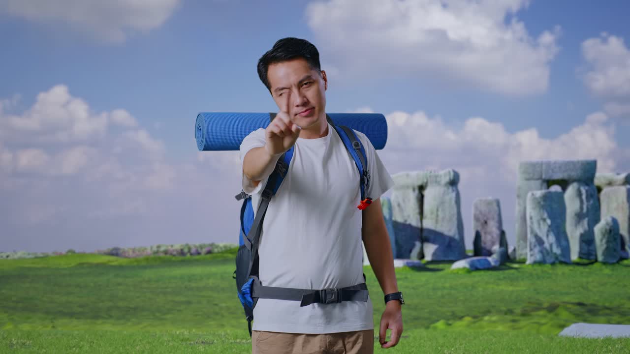 Asian Male Hiker With Mountaineering Backpack Showing No Gesture With Index Finger While Traveling In Stonehenge